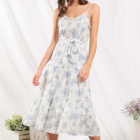 mine Dresses & Skirts - Mine by Blu Pepper Sz Med White & Blue Floral Cottagecore Sleeveless Midi Dress